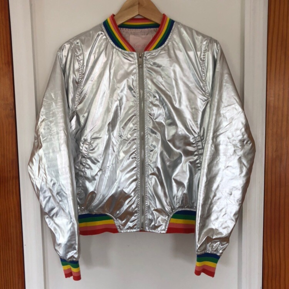 Ban.dō Silver Bomber Jacket Rainbow Trim Size S